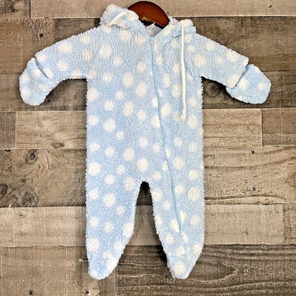 Vintage Gerber Baby Snow Suit Blue White Polka Dot Fuzzy Hooded 6 Months
